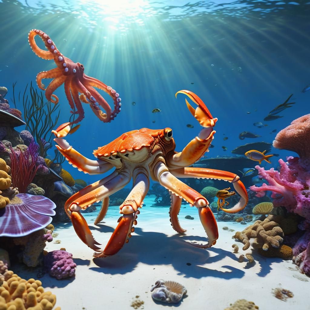 Crab and Octopus Connect in Colorful Coral Reef