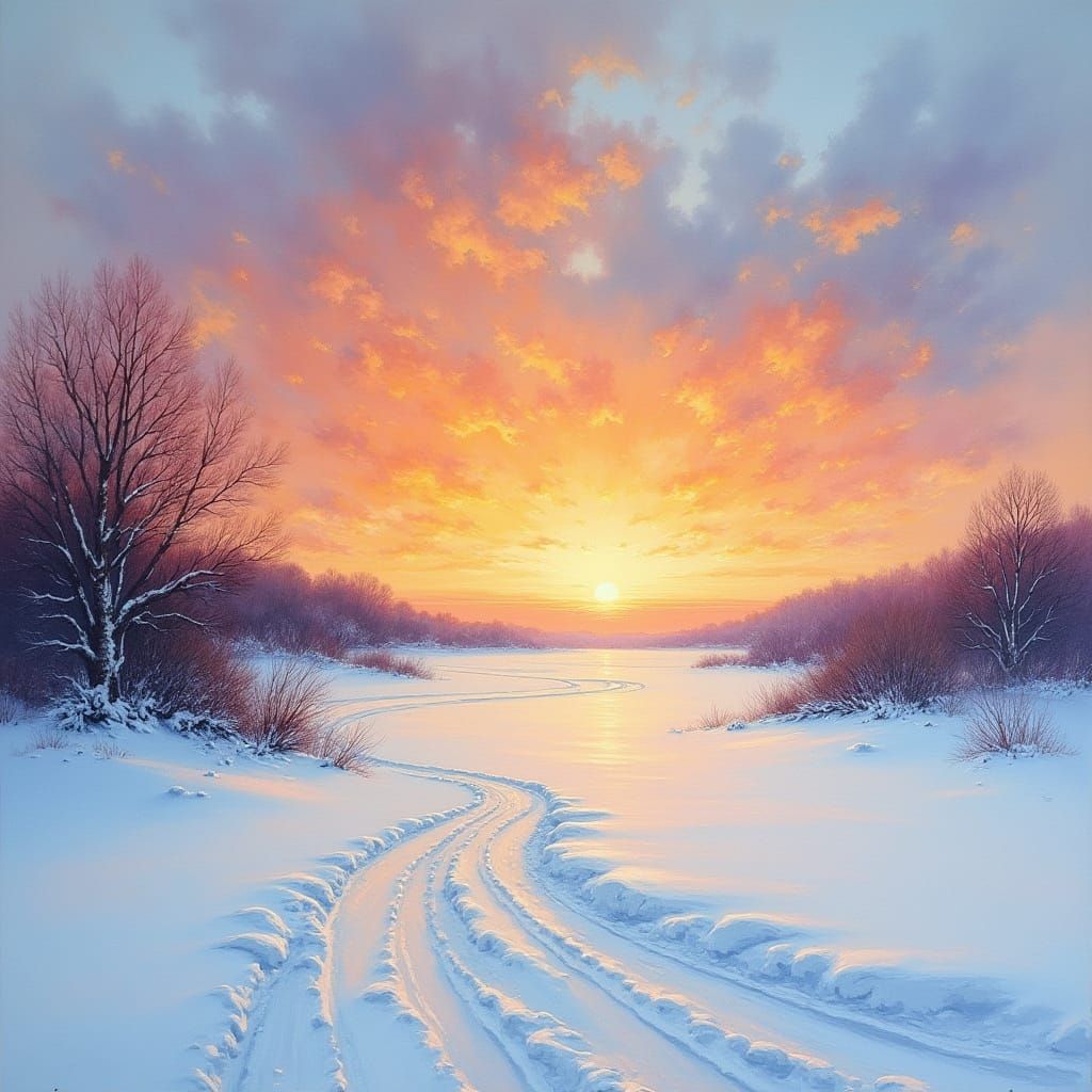 Golden Sunset Unfolds Across Snowy Horizon