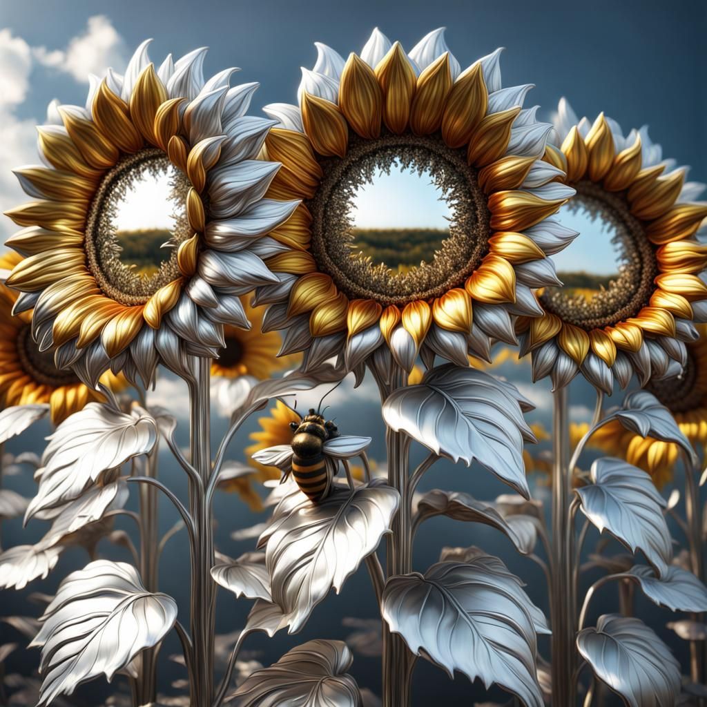 Silver Metallic Sunflowers in Digital Matte Painting