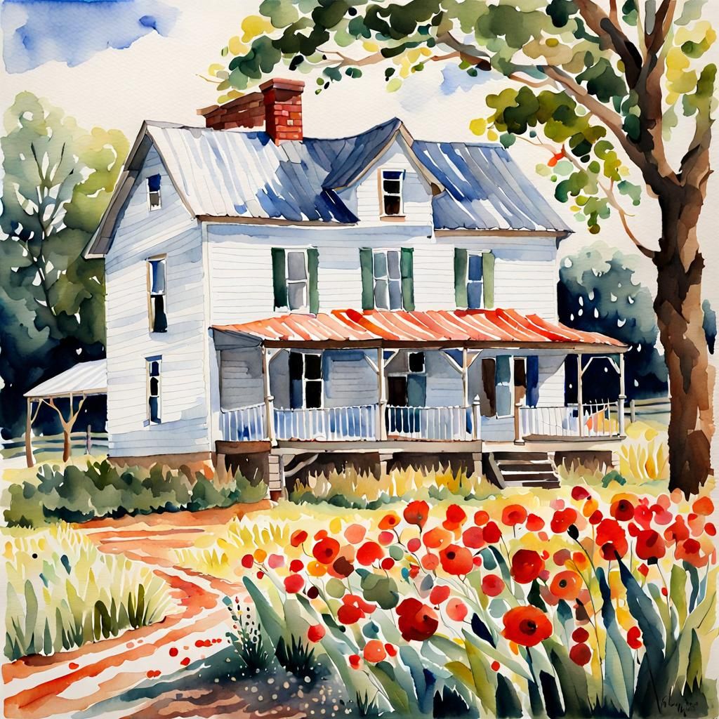 Detailed Farmhouse in Watercolor with Drip Effects
