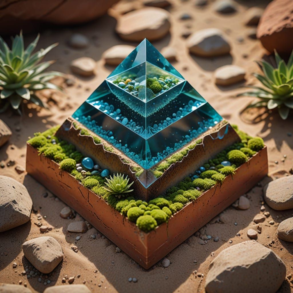 Crystal Pyramid Ecosystem on Terracotta Sand