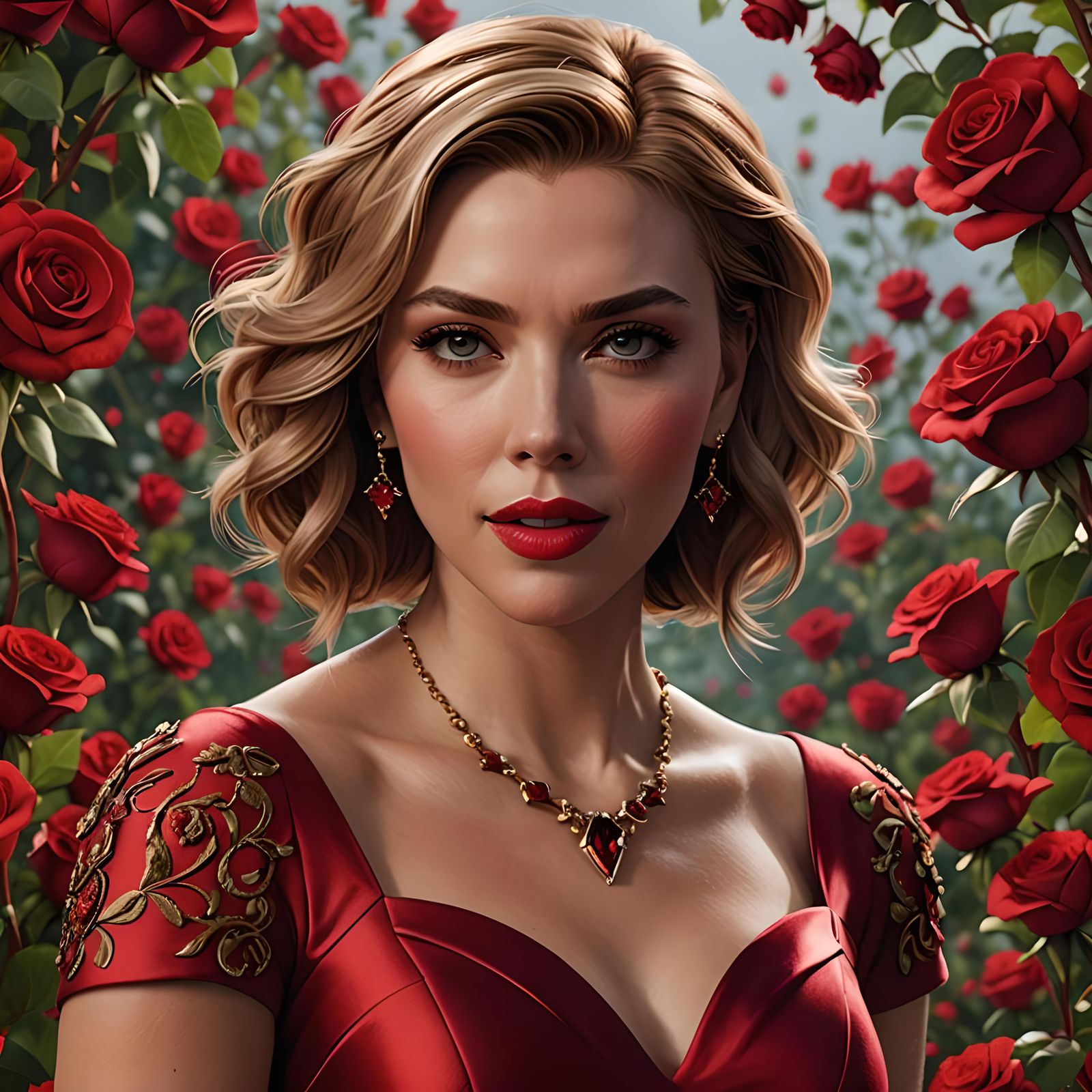 CGI Portrait of Woman in Red Dress and Rubies