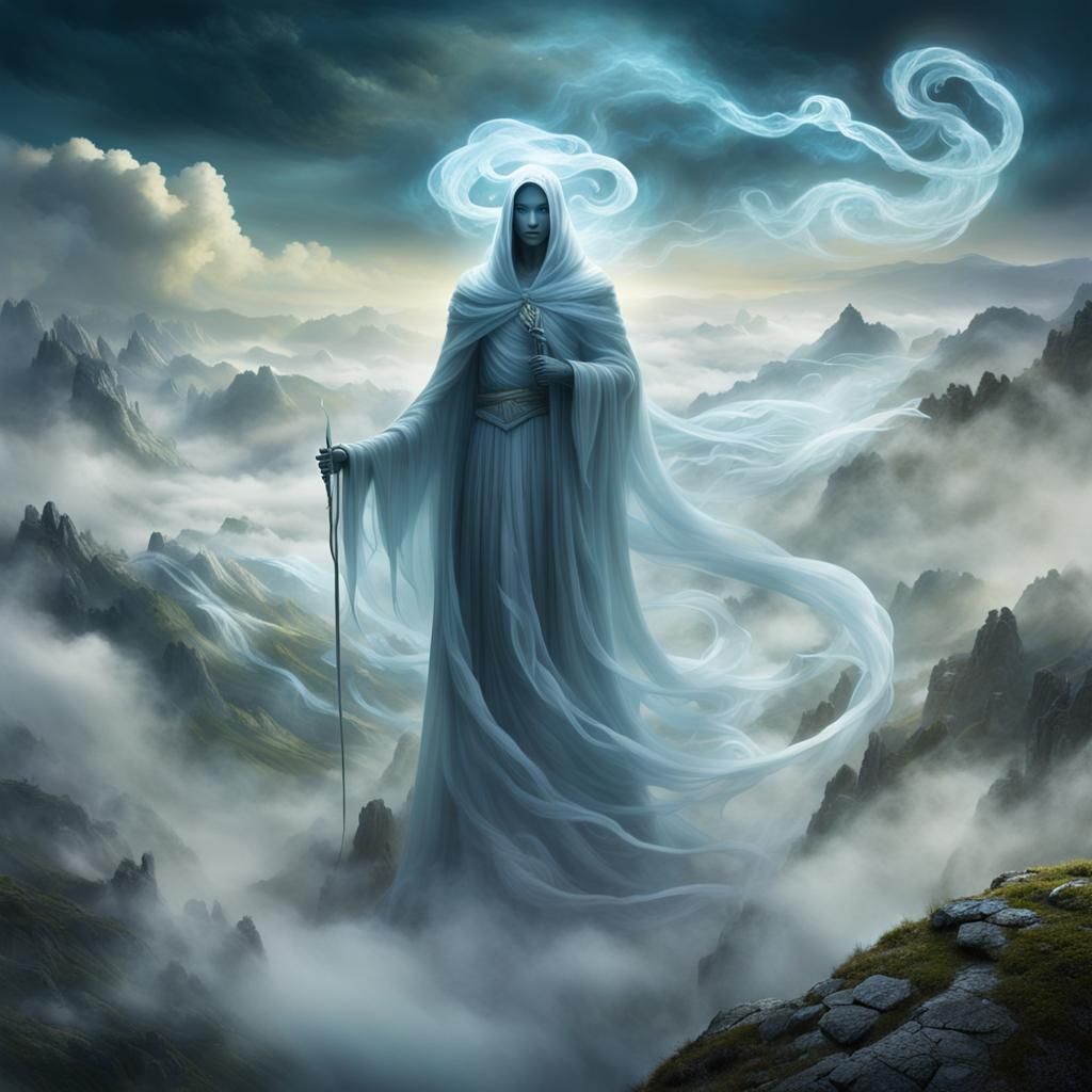 Ethereal Cloud Figure Rising in Enchanted Valley