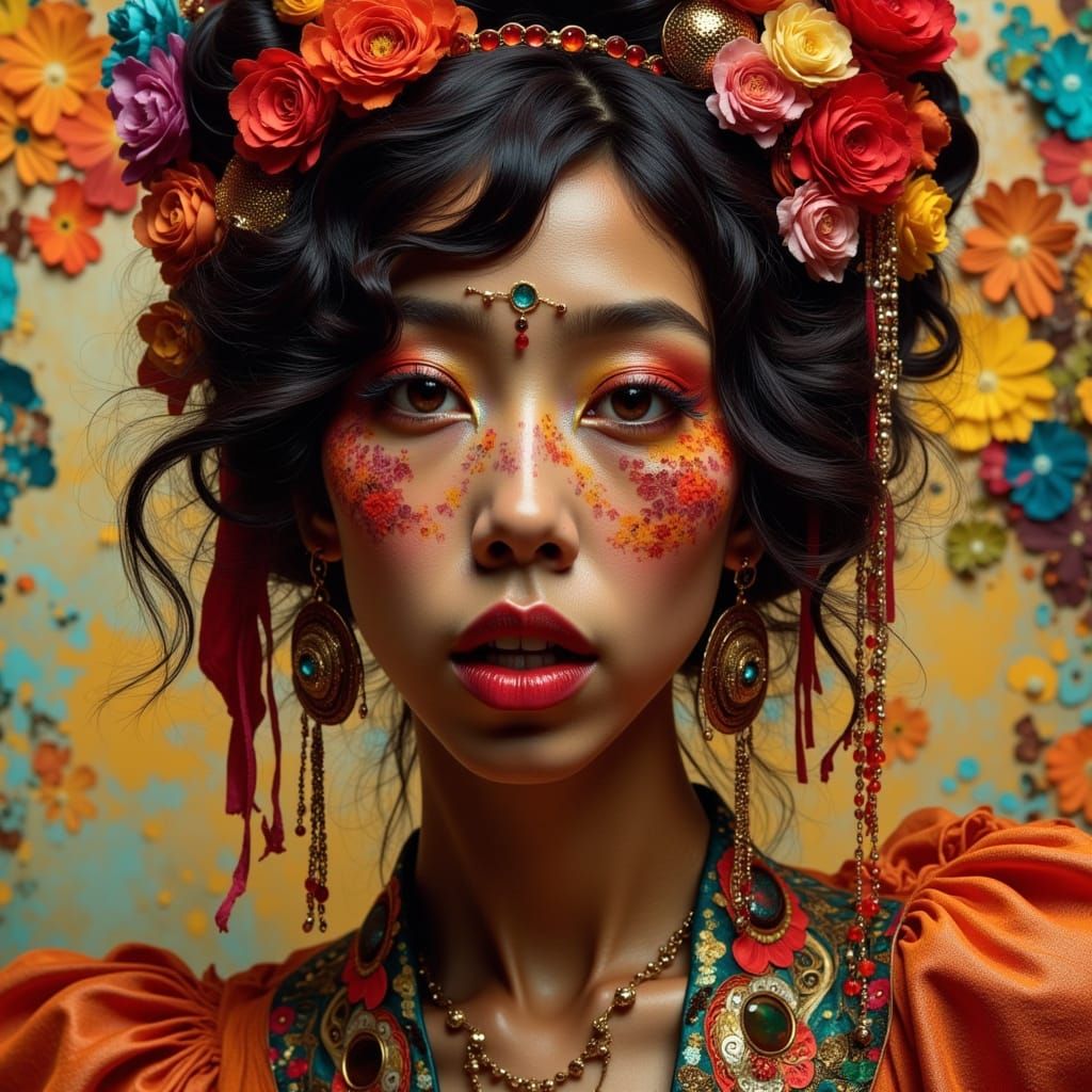 Punk Geisha with Amber Accents in Vibrant Detail