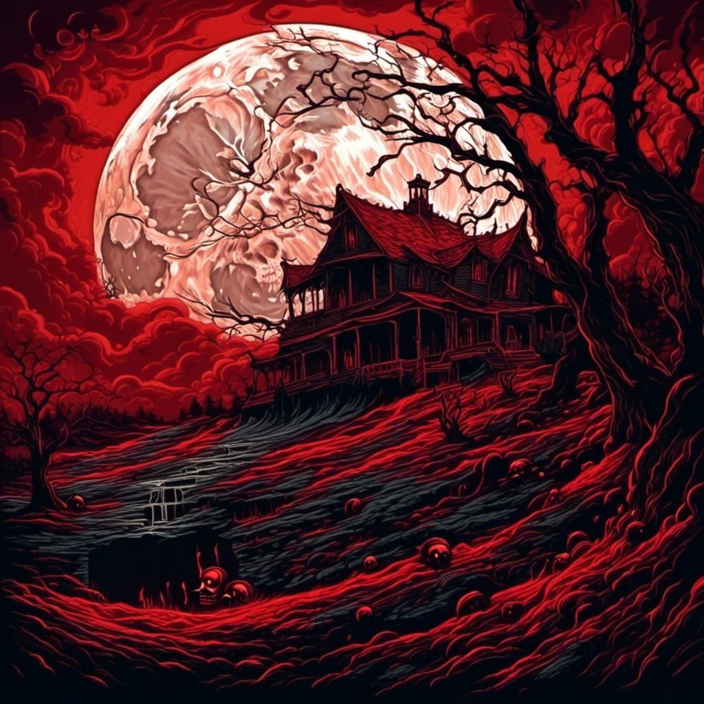Eerie Blood Moon with Skull Shadow in Dark Fantasy Style