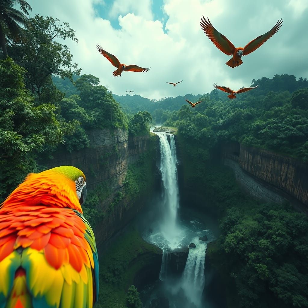 Parrot's-Eye View of Jungle Waterfall Scene