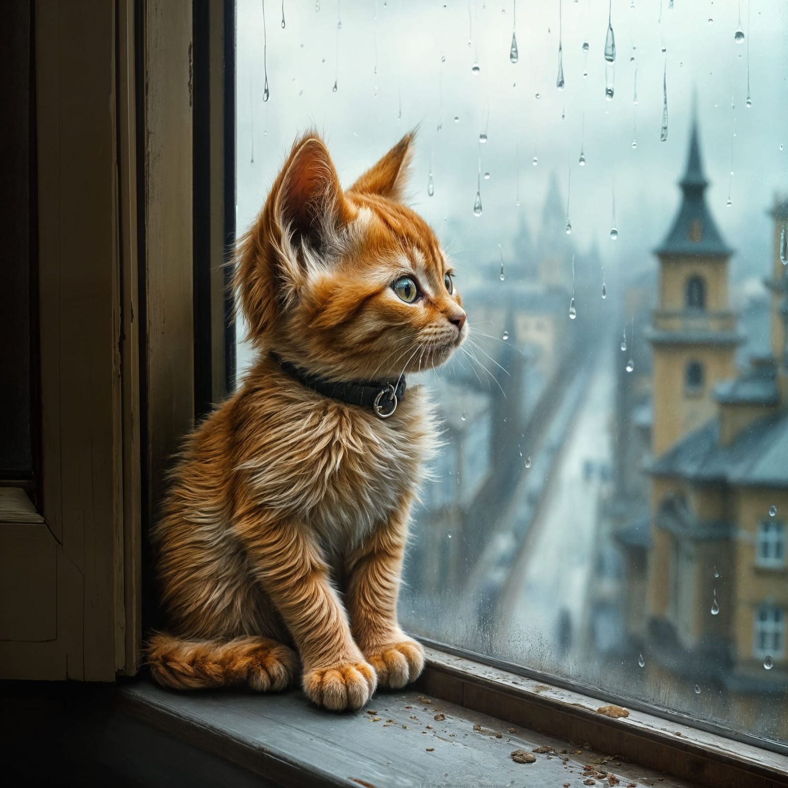 Ginger Kitten Gazing at Rain-Soaked Cityscape