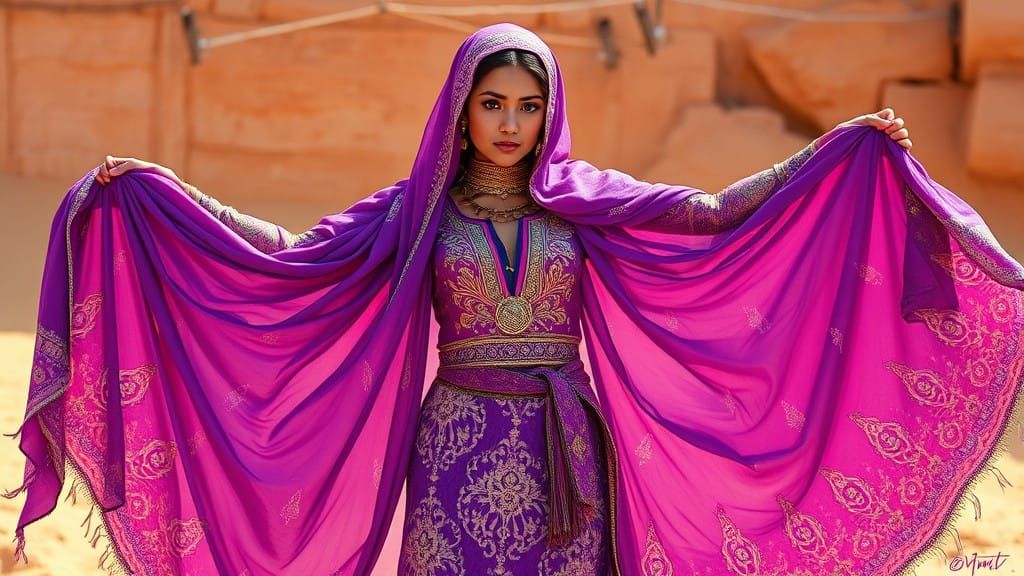 A Middle Eastern Woman in Lavender and Lilac Fabrics Against...