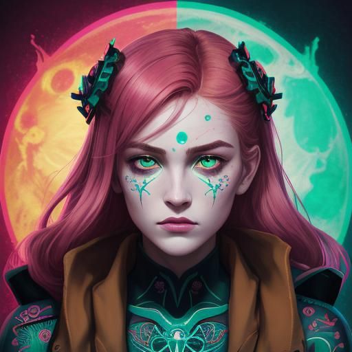 Intense Green Eyes: A Neon Retro Portrait