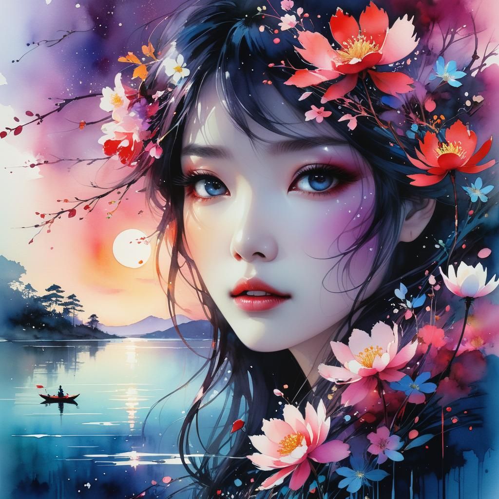 Dreamy Lake Glade at Night in Watercolor Style