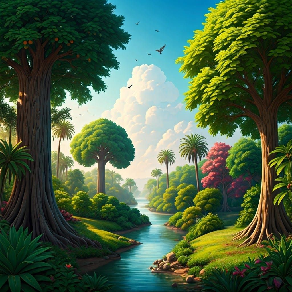 Lush Garden of Eden with Rivers and Fruit Trees