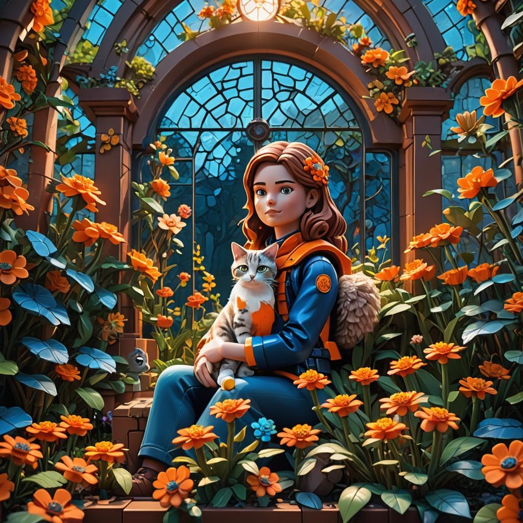 Lego Girl and Cat in Fantastical Garden