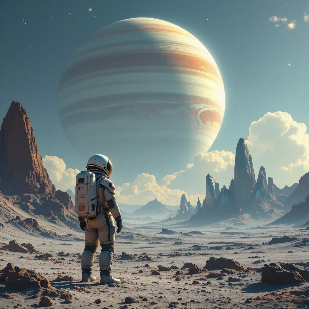 Astronaut Views Alien Planet With Ringed Gas Giant