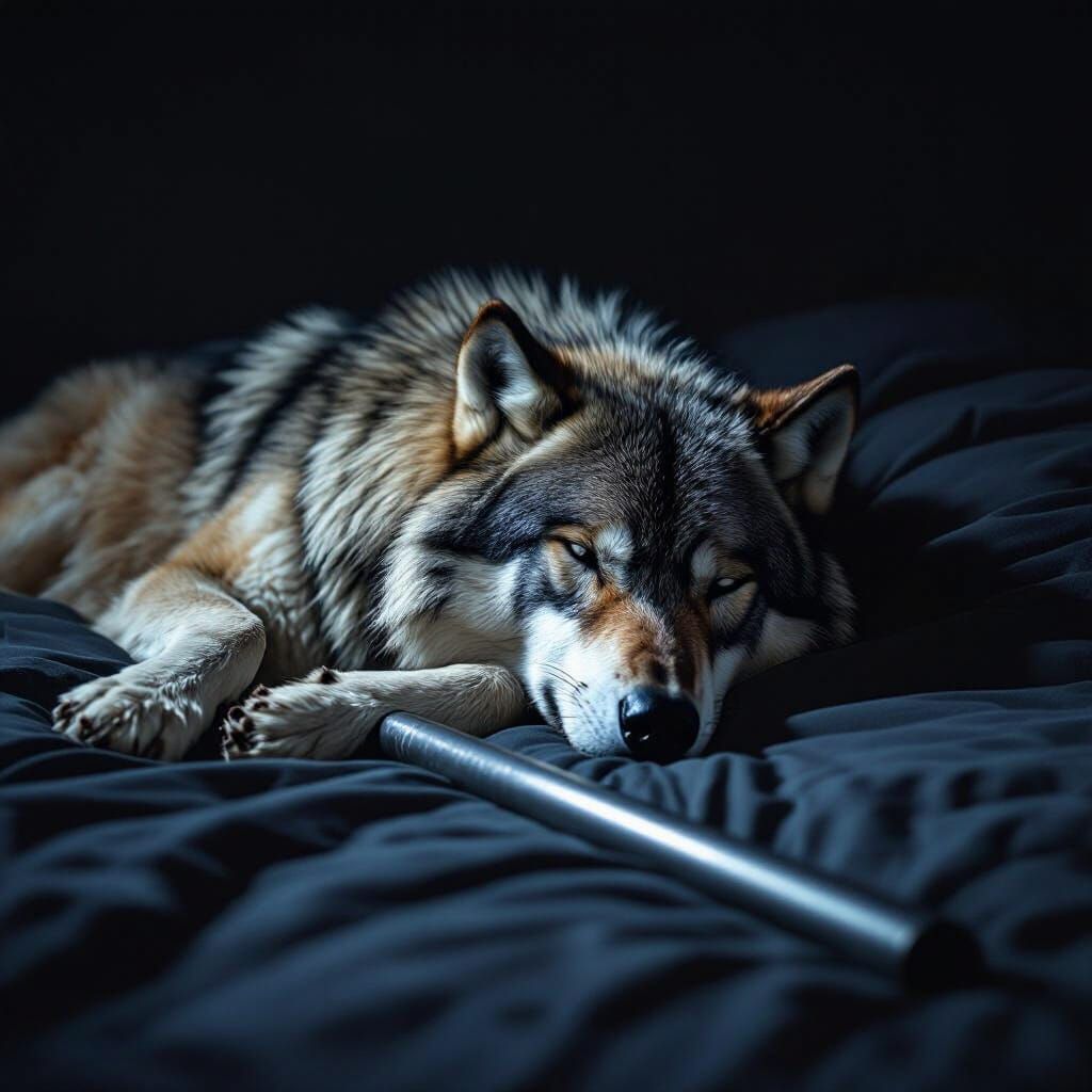 Photorealistic Wolf Sleeps on Dark Bed with Steel Rod