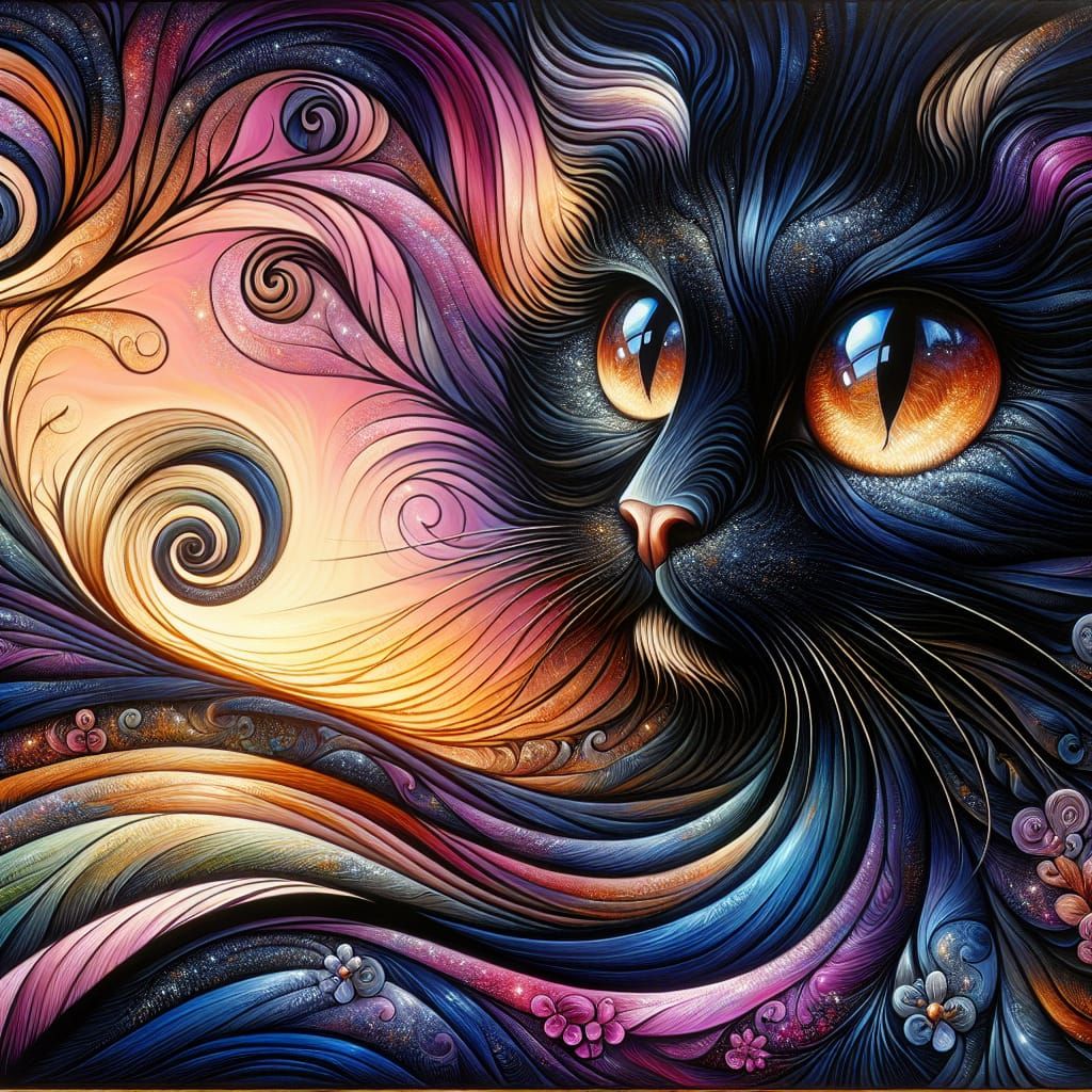 Elegant Black Cat in Springscape, Art Brut Style