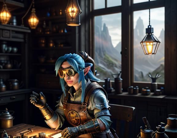 Gnome Repairing Automaton in Steampunk Workshop
