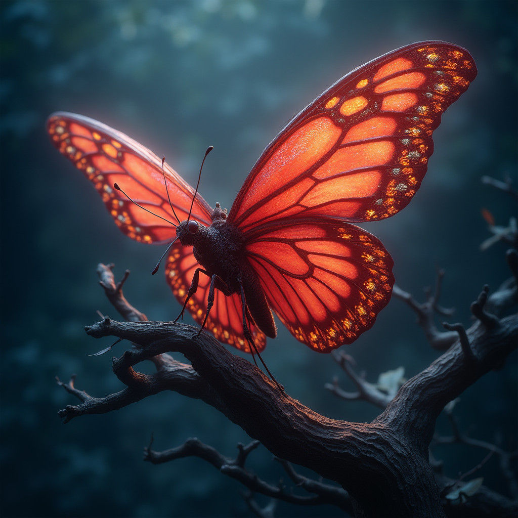Blood-Red Butterfly on Mystical Tree in Matte Painting
