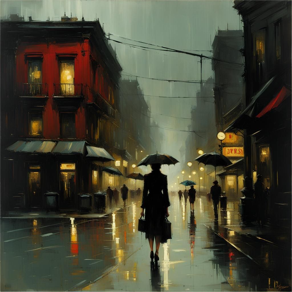Eerie Rainy Night in Haunted City, Urban Impressionism