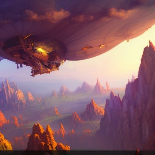 Air Castle Flying Over Canyon: Fantasy Concept Art
