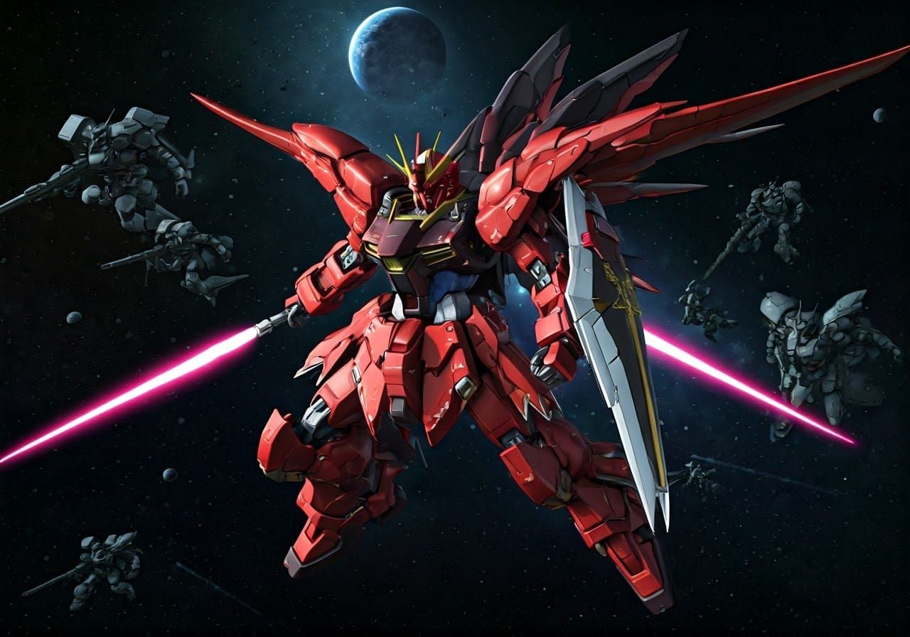 Dragon Gundam Battles Zaku Mobile Suits in Space