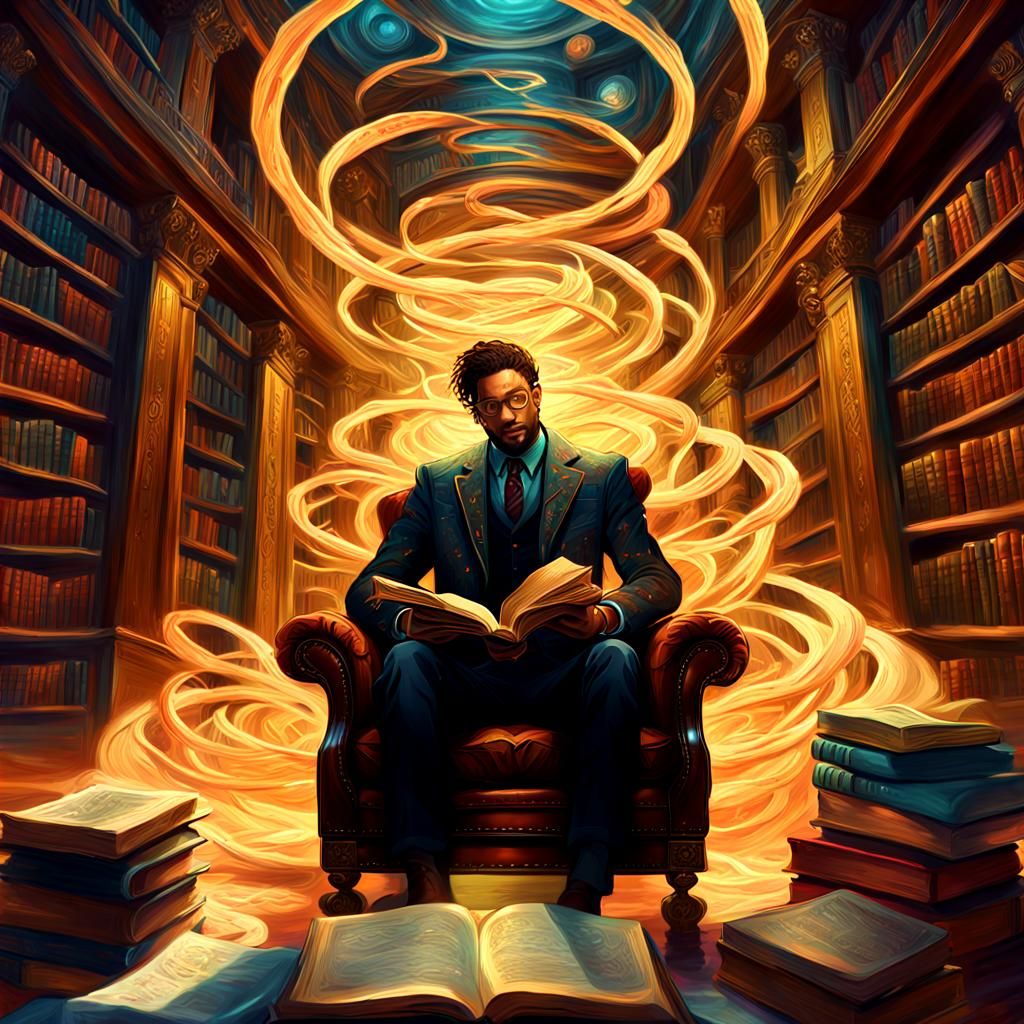 Surreal Library: Swirling Words in Oil Painting