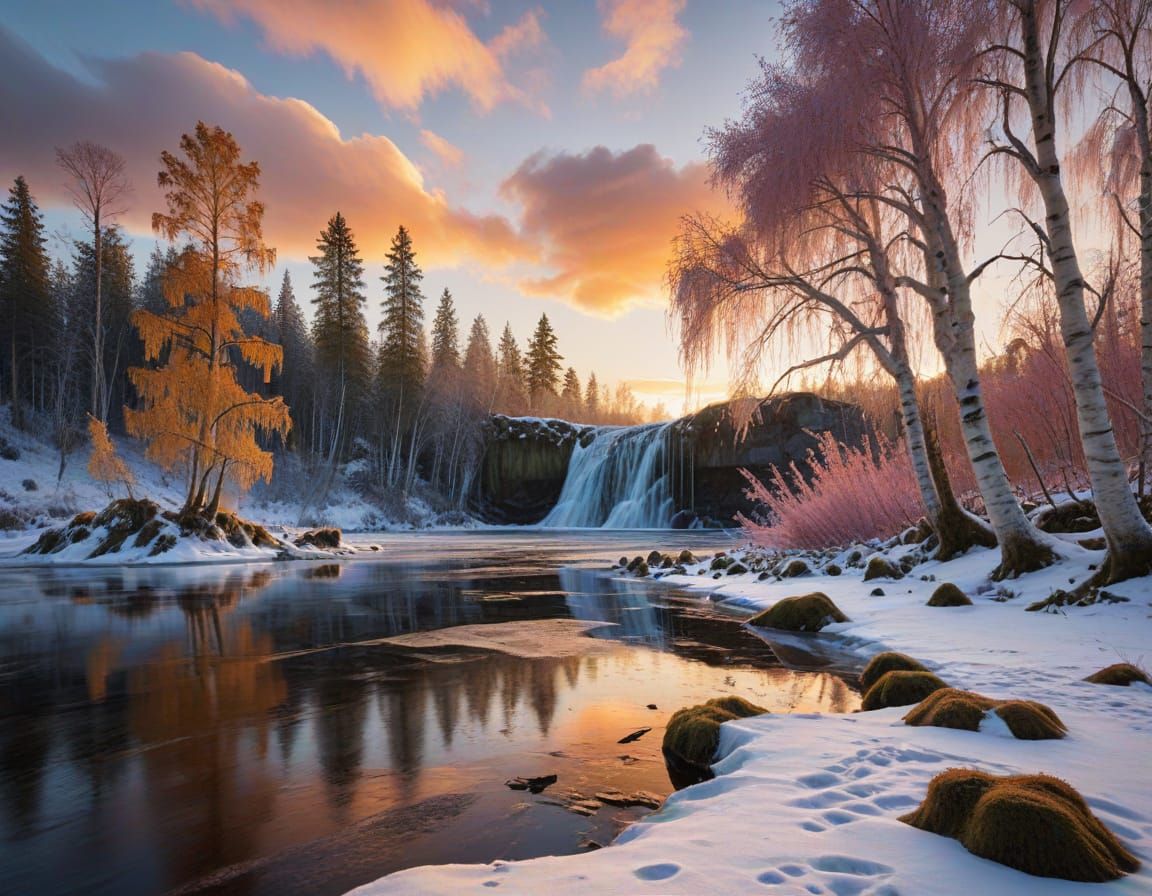 Frozen Lake and Waterfall with Rope Bridge at Sunset