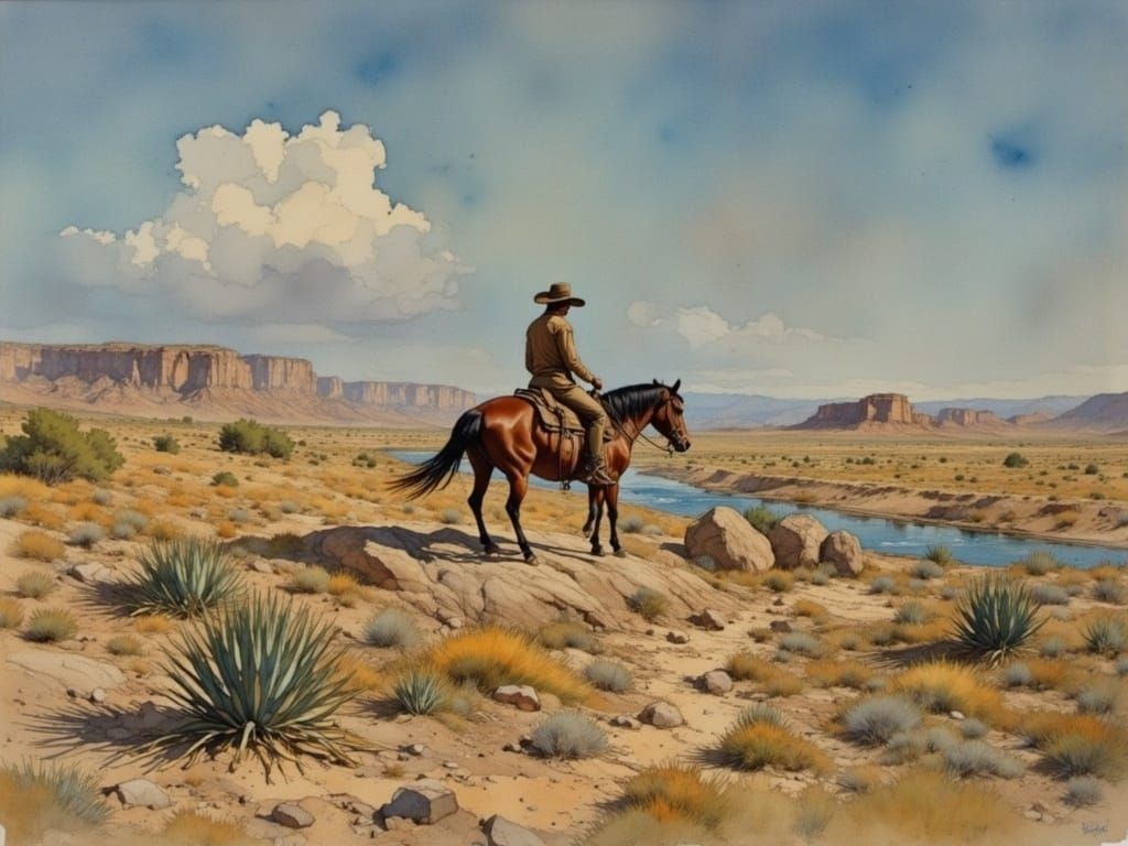 Cowboy Rides Through Arid Desert River Landscape