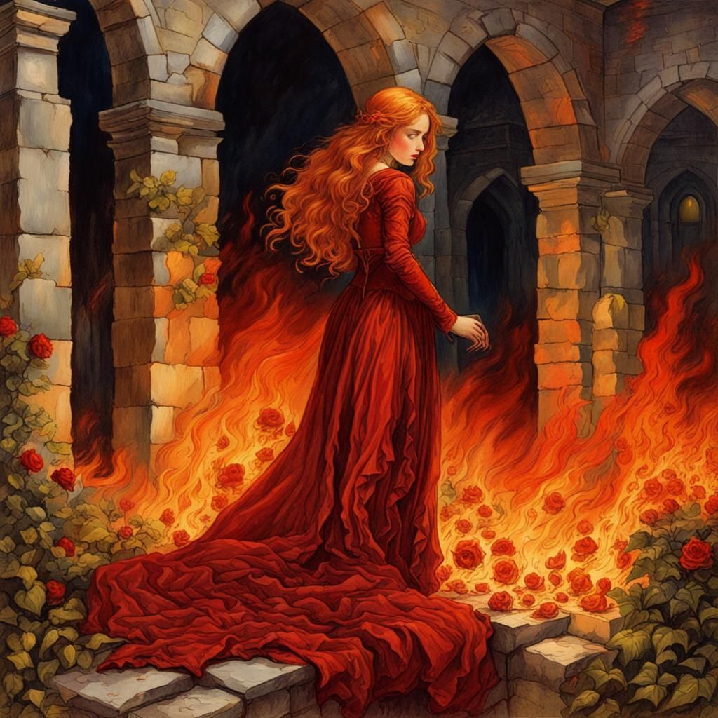 Pre-Raphaelite Woman in Burning Castle Ruins