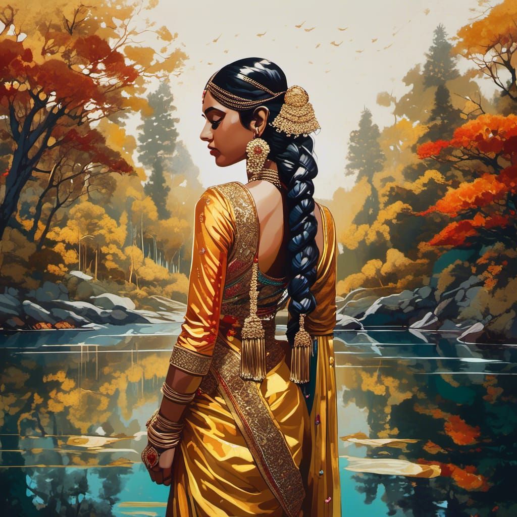 Indian Woman in Gold Sari by Reflective Water