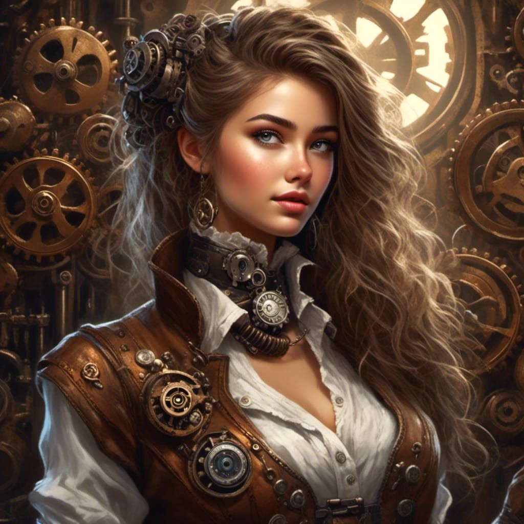 Steampunk Woman Portrait with Gears in Chalk Art