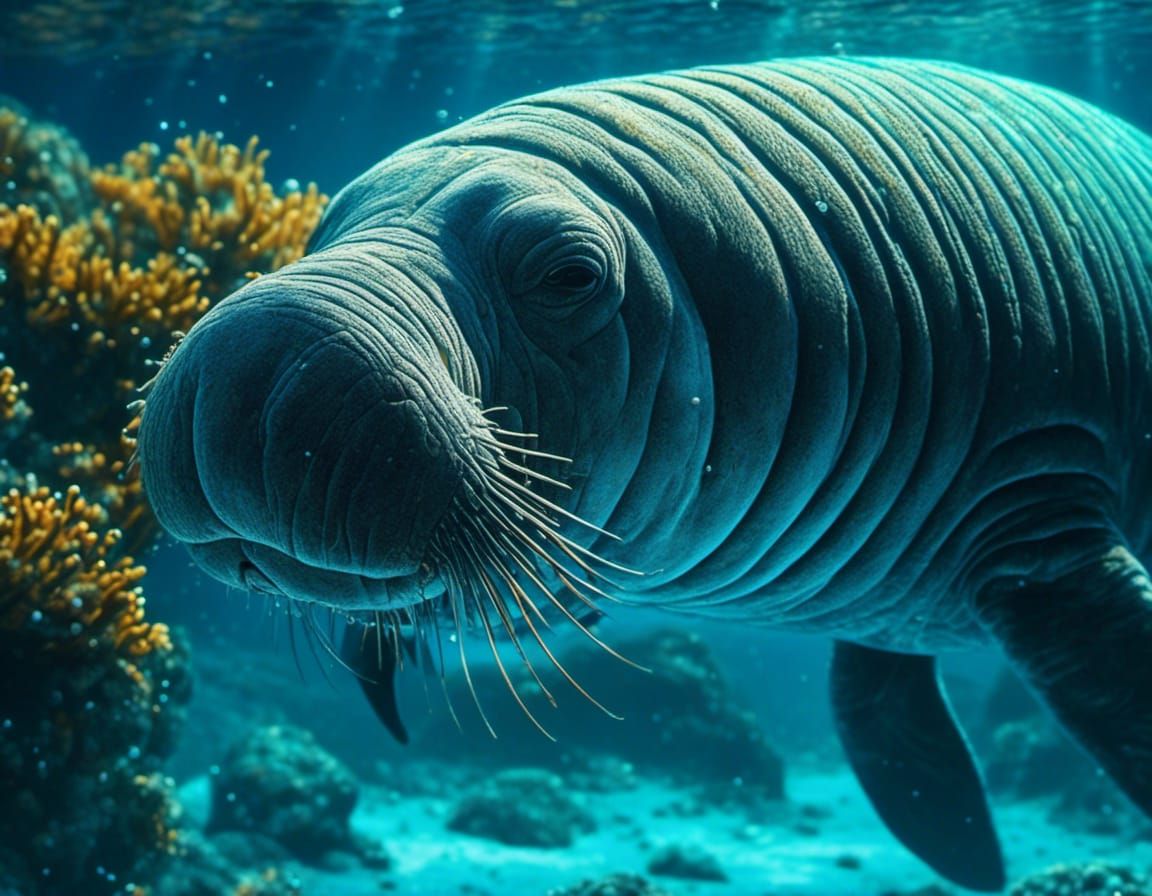 Manatee in Bioluminescent Underwater Glow