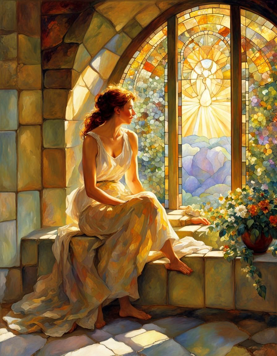 Sunlit Woman by Stained Glass Window, Art Nouveau