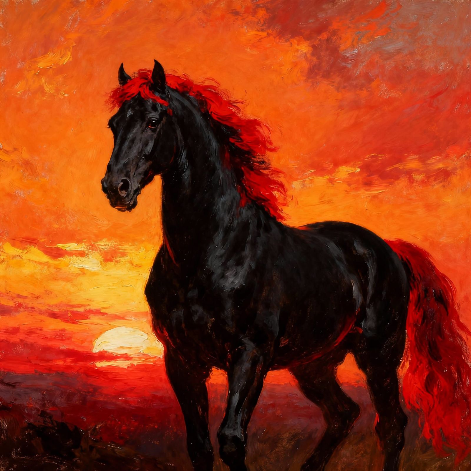 Regal Black Horse with Fiery Red Accents