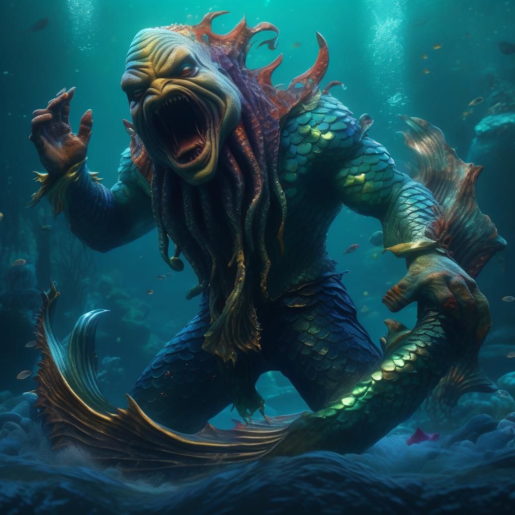 Body Horror Deep One Merman in Detailed Matte Painting