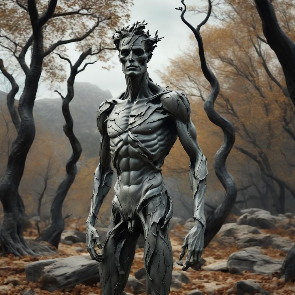Autumnal Statue in Rocky Landscape, Cosmic Illustration