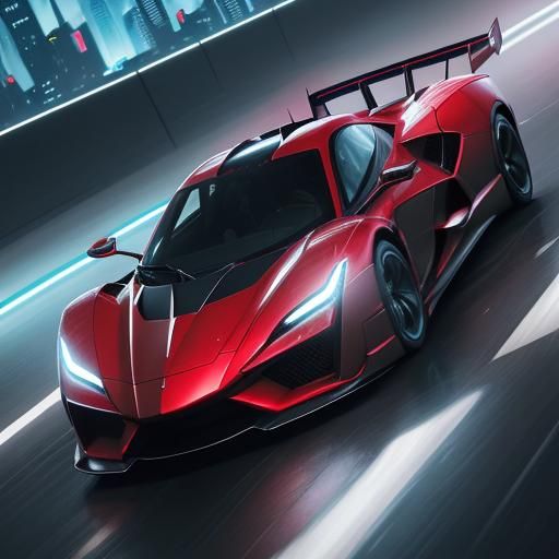 Futuristic Red Supercar: Advanced Robotics and Neon-Lit City...