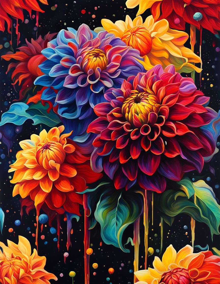 Colorful Dahlia in Klimt-Inspired Splash Art Style