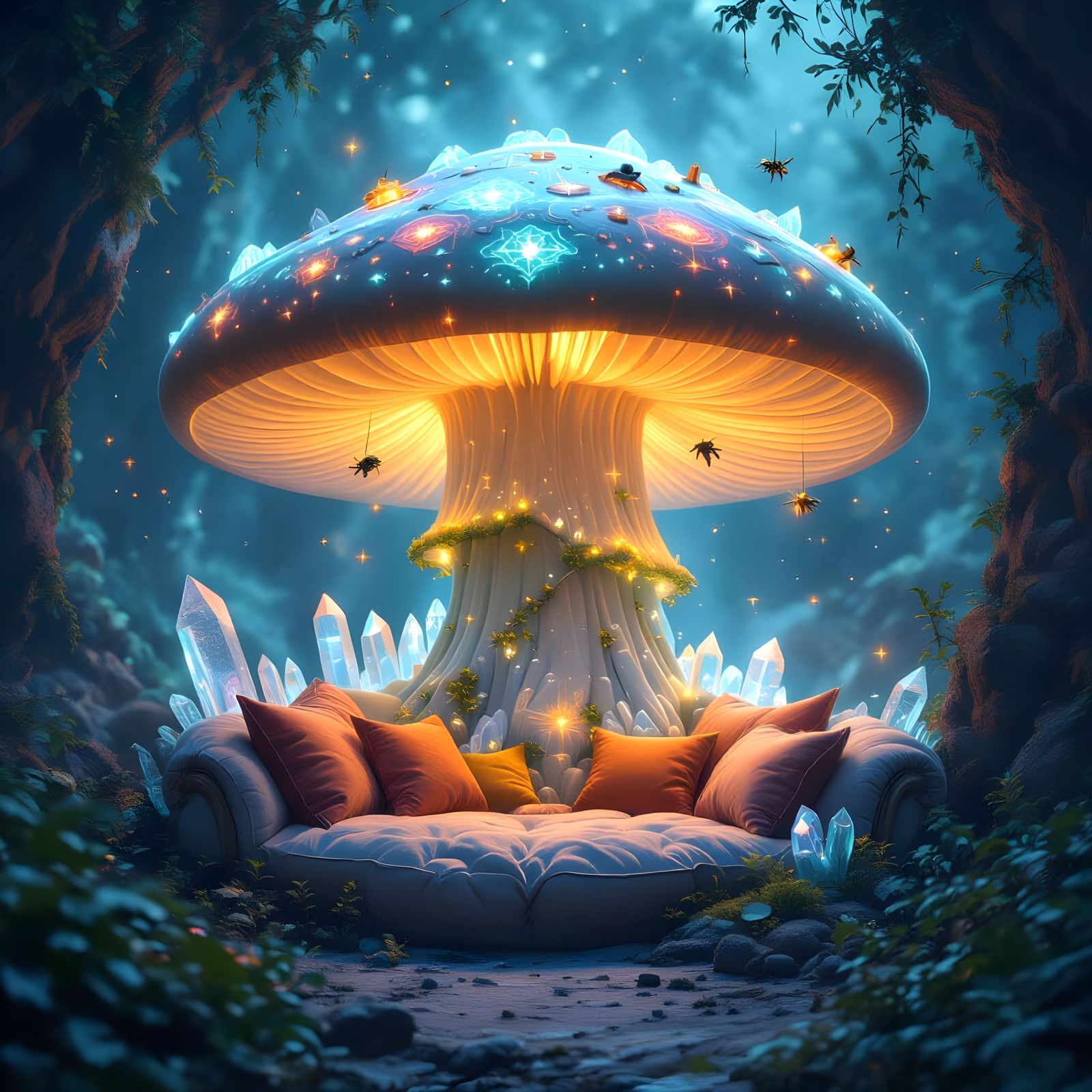 Bioluminescent Mushroom Reading Nook in Surreal Style