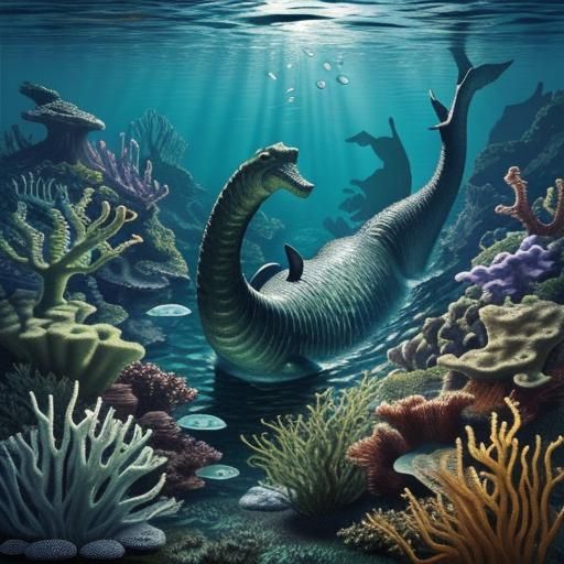 Loch Ness Monster Swimming Underwater Scene
