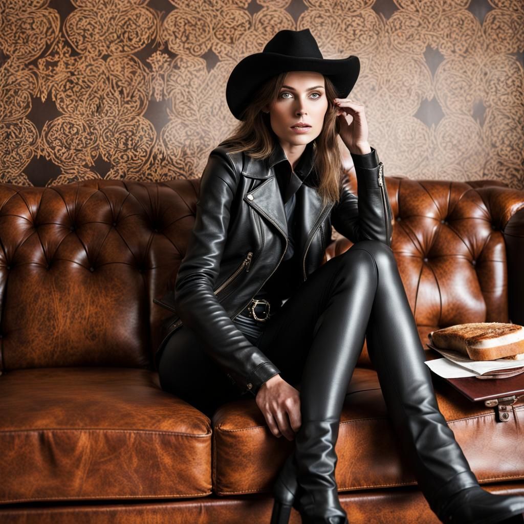 Cowgirl in Leather Outfit on Leather Furniture