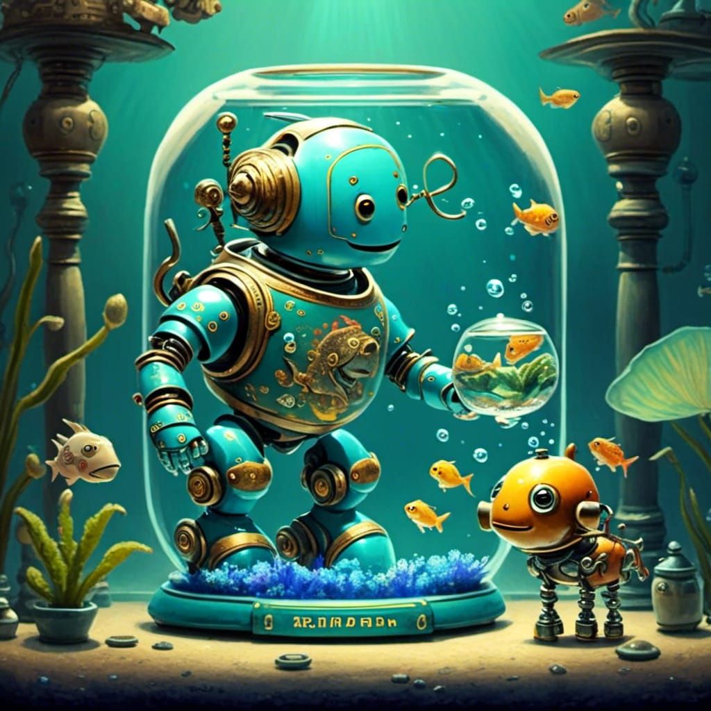 Cute Robot Holding Robot Fish Aquarium