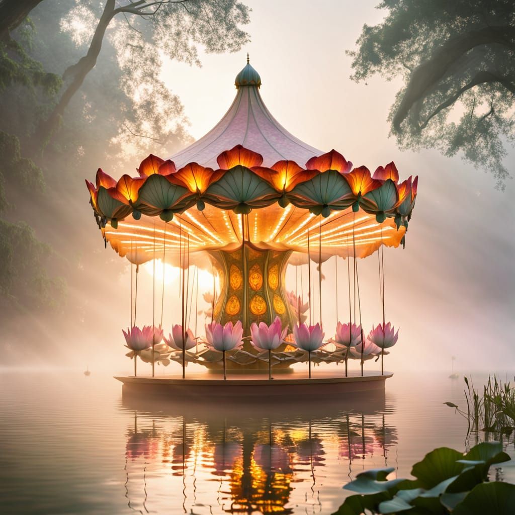Mystical Lotus Carousel on Misty Lake at Dawn