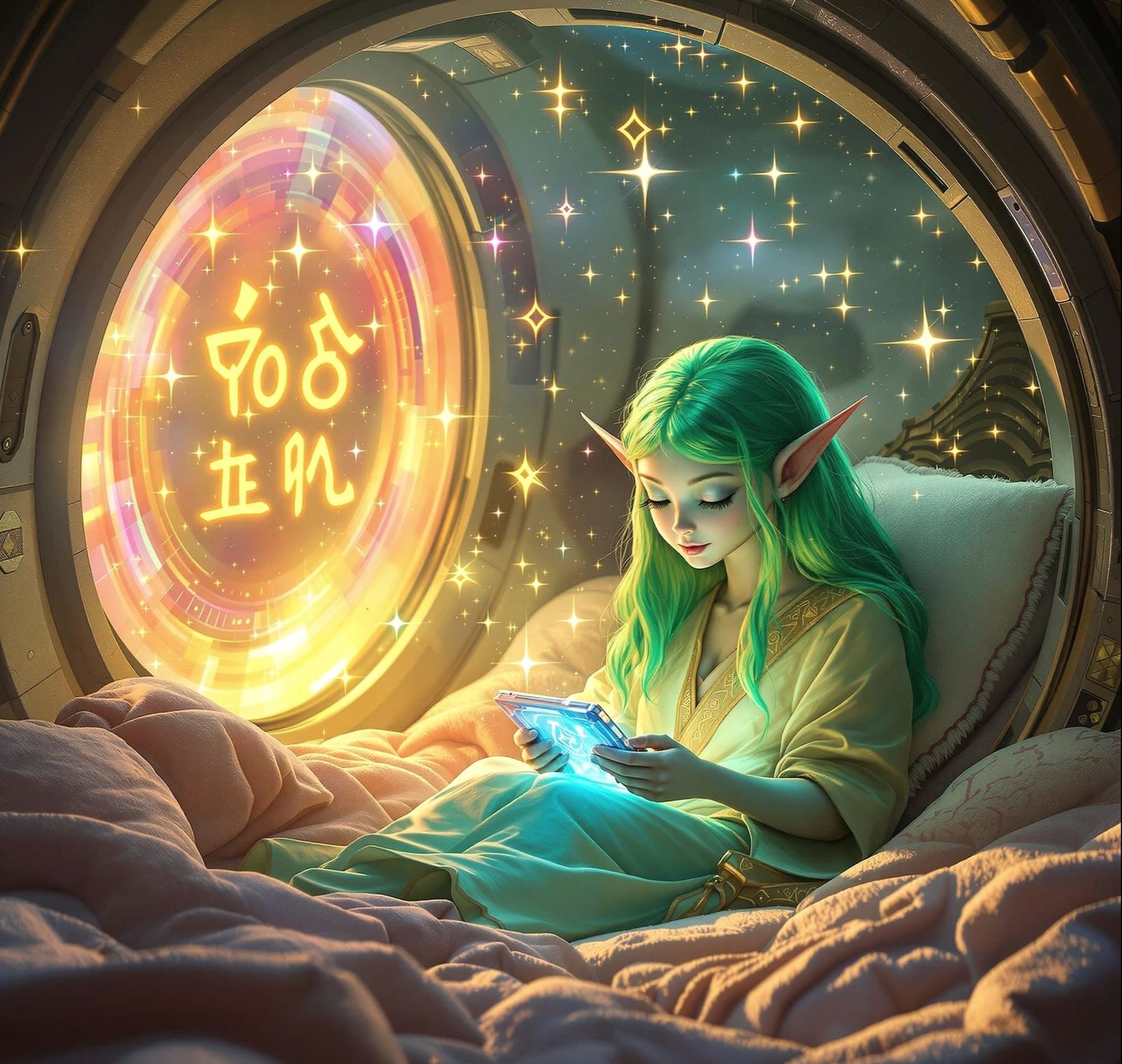 Cosmic Elf in a Golden Spaceship Nook