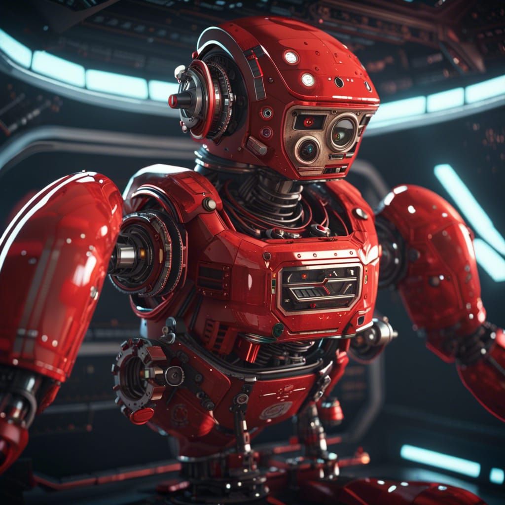 Vintage Red Robot Piloting Spaceship in Deep Space