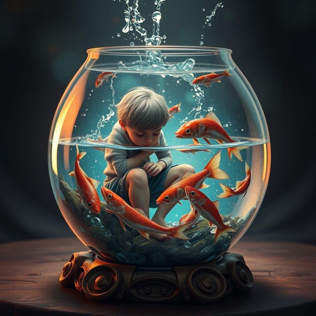 Young Boy Sits Among Majestic Fish in Glass Vessel