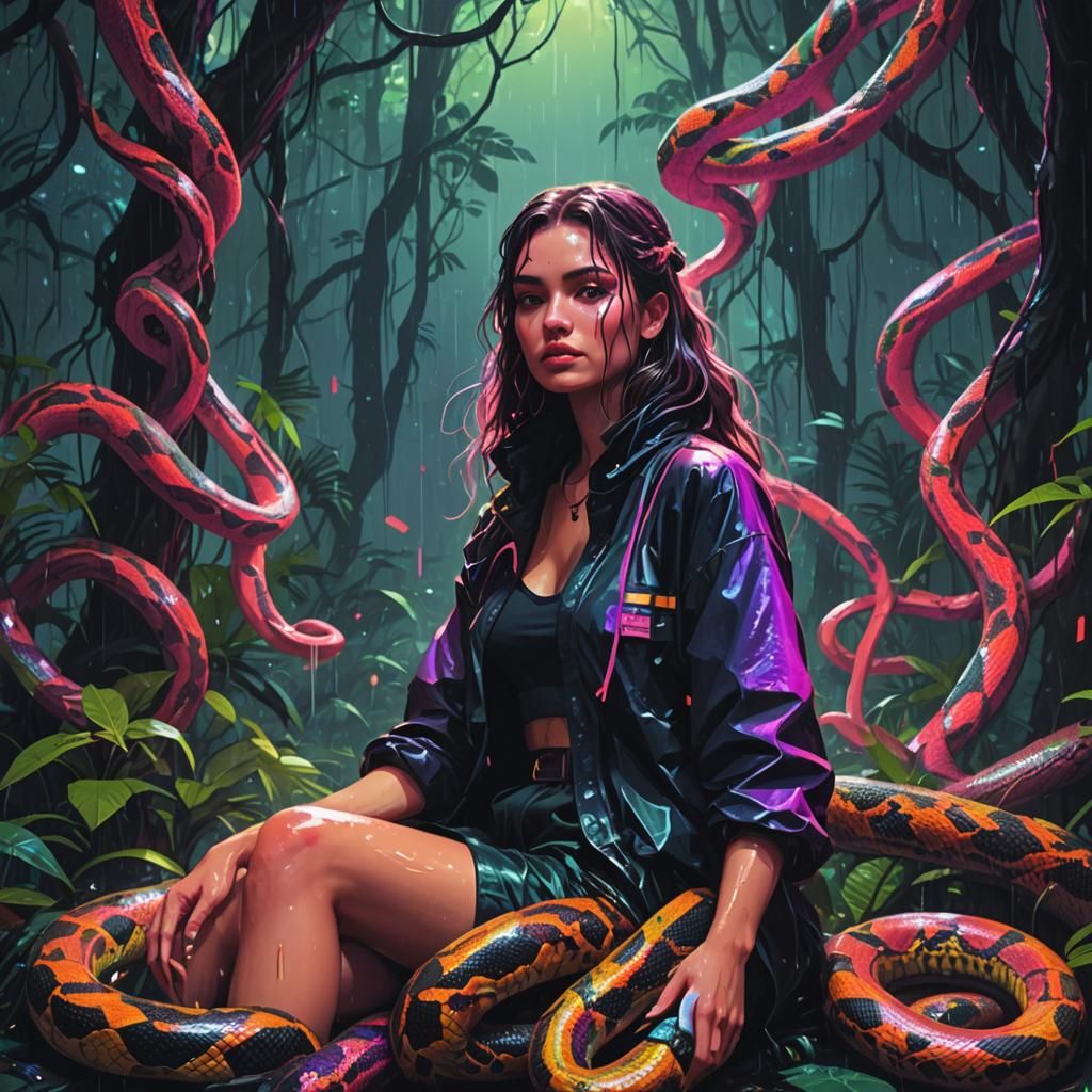 Girl in Rainforest with Python in Synthwave Style