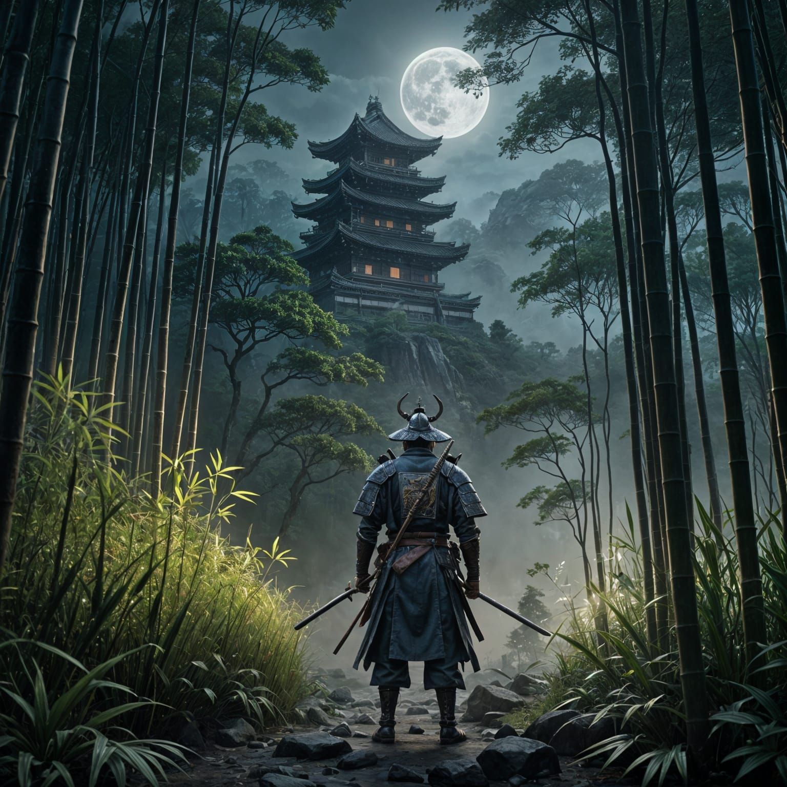 Surreal Samurai in Eerie Bamboo Forest at Night