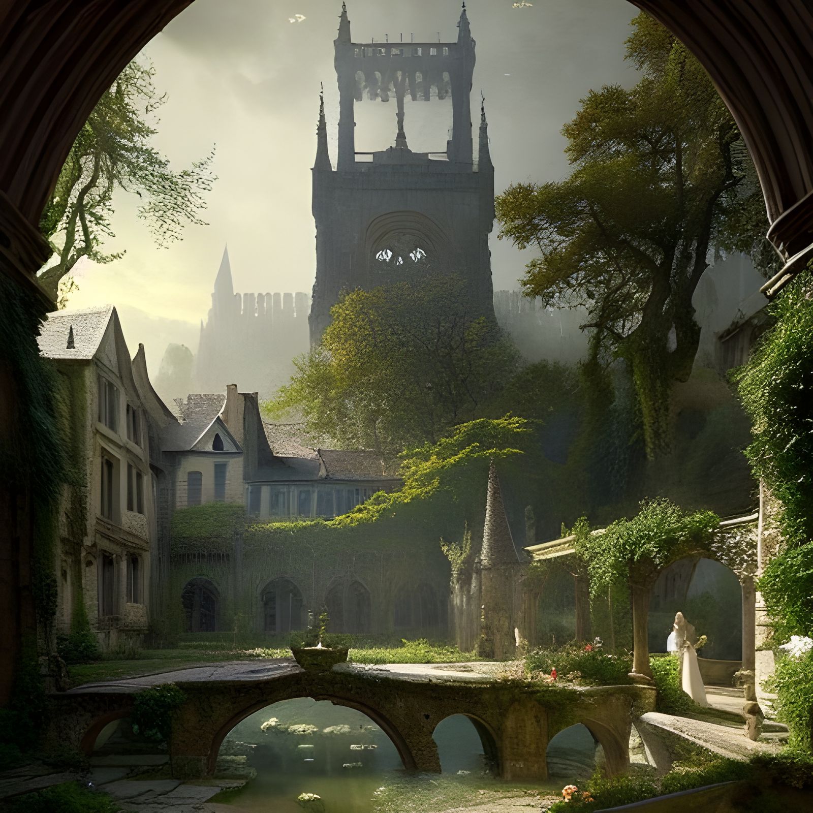 Medieval Spring Garden Painting in Romantic Style