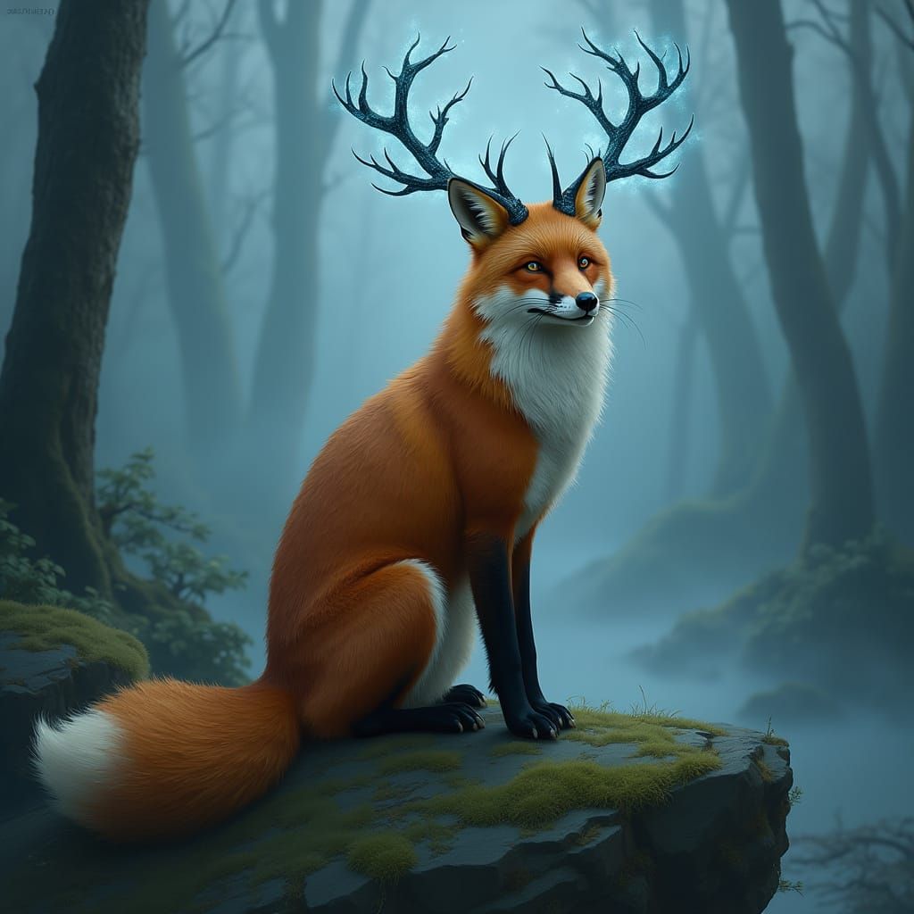 Majestic Fox with Glowing Antlers on Mossy Rock
