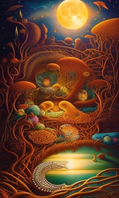 Surreal Sun and Moon Bed with Sleeping Woman
